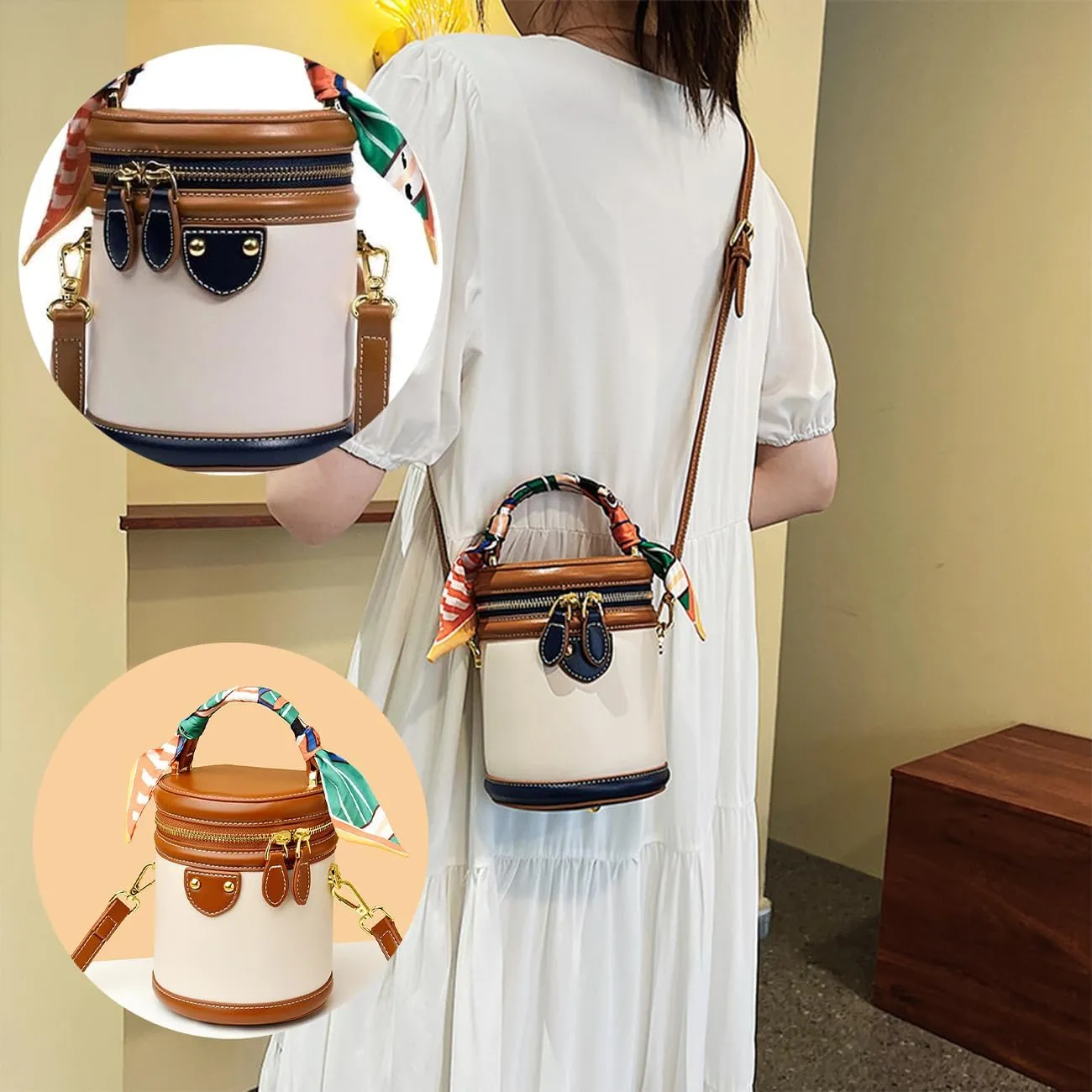 2025 New Summer Cylinder Bag, Colorblock Bucket Bag for Women, Casual Fashion Versatile Crossbody Bag