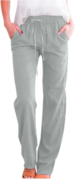 2025 Womens Cotton Linen Pants Casual High Waist Pant Loose Fit Drawstring Trousers Soft Comfy Lounge with Pockets
