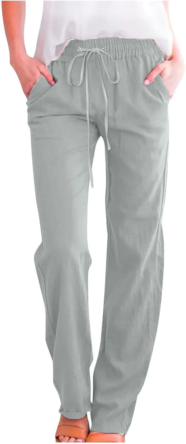 2025 Womens Cotton Linen Pants Casual High Waist Pant Loose Fit Drawstring Trousers Soft Comfy Lounge with Pockets