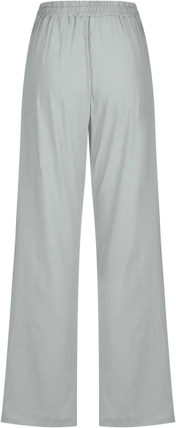 2025 Womens Cotton Linen Pants Casual High Waist Pant Loose Fit Drawstring Trousers Soft Comfy Lounge with Pockets