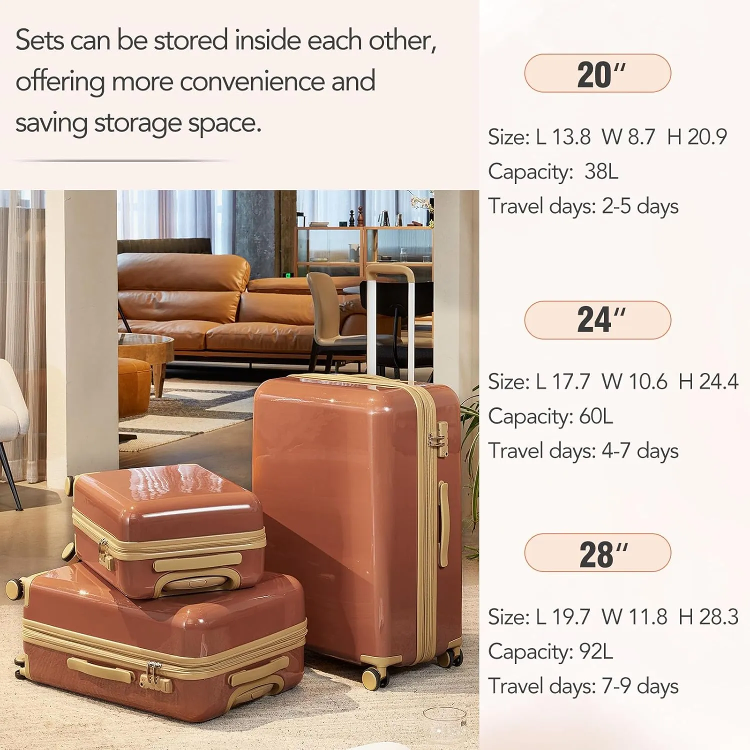 3 Piece Luggage Travel Sets with TSA Lock, Telescopic Handle, 360  Silent Dual Wheel, Side Handles and Safety Feet Hardshell Suitcase, 20''24''28'' Available Brown One Size