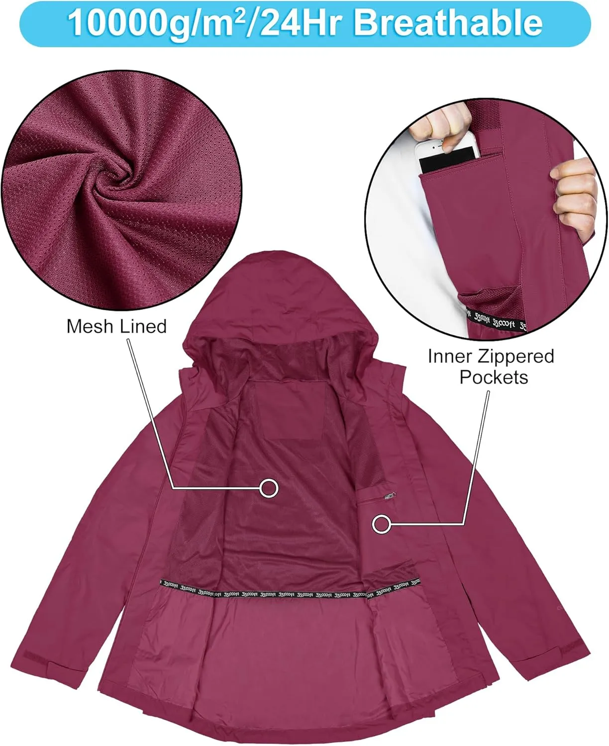33,000ft Packable Rain Jacket Women Lightweight Waterproof Raincoat with Hood Cycling Bike Jacket Windbreaker