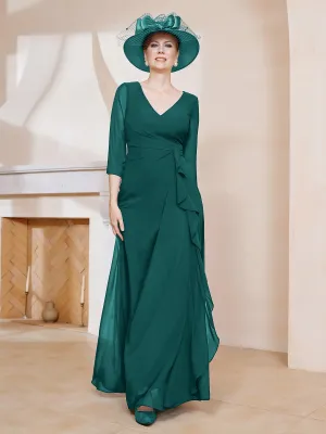 3/4-Length Sleeves V-neck Pleated Long Dress Peacock