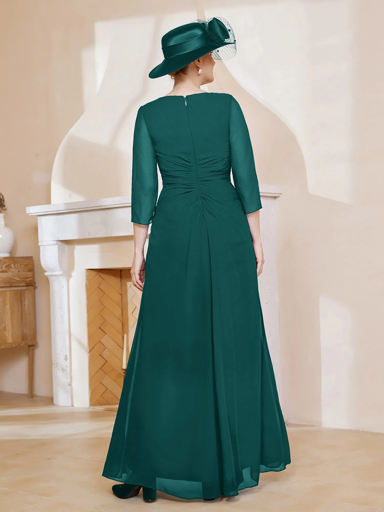 3/4-Length Sleeves V-neck Pleated Long Dress Peacock