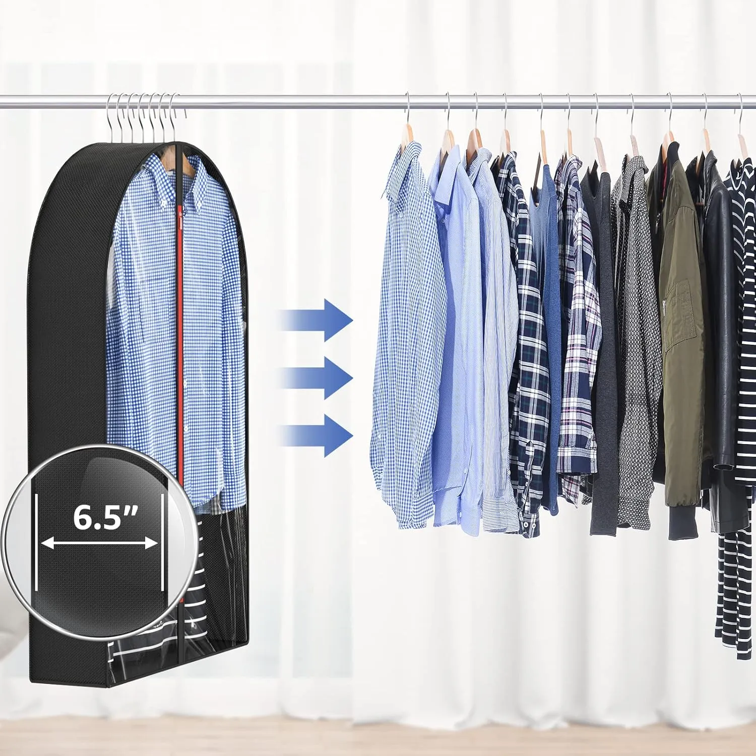 6.5" Gussetes Garment Bags for Hanging Clothes Storage, 40" Suit Cover Bags for Closet Travel (Set of 6), Clear Hanging Clothes Storage with Zipper for Clothing