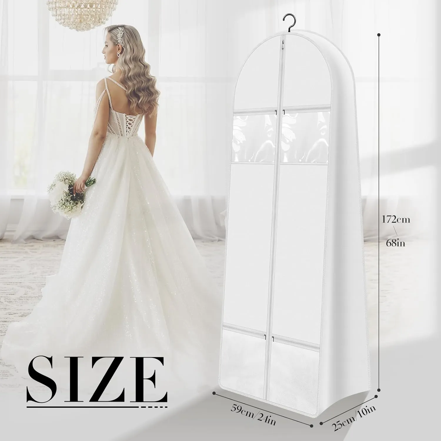 68" Portable Wedding Dress Garment Bag with 10'' gusseted and Accessory Pockets, Heavy Duty Waterproof Hanging Dress Bag with Handles for Wedding Dress, Long Costume Dresses, Ballgowns