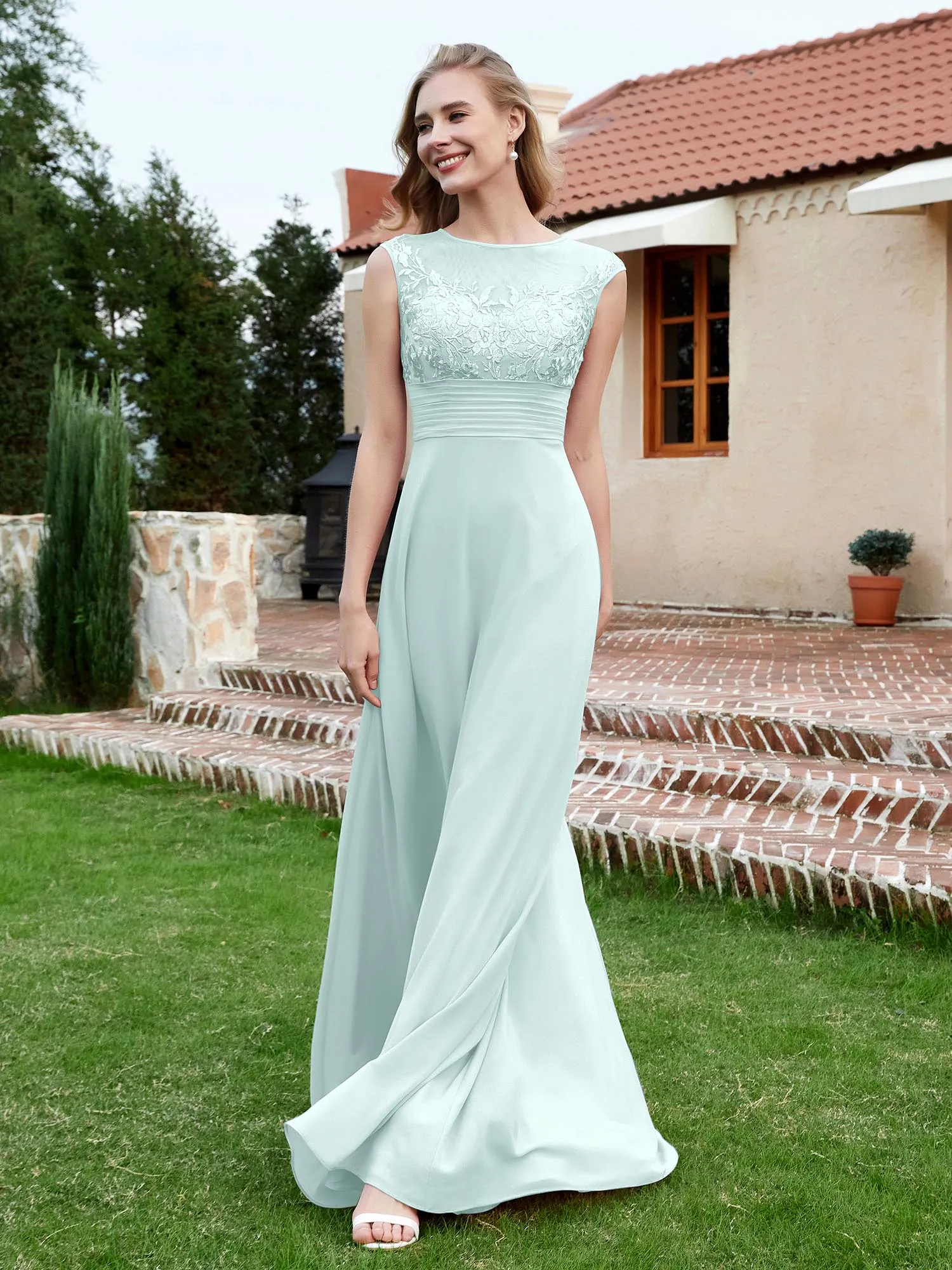 A-Line Chiffon Dress with Illusion Neckline Mist