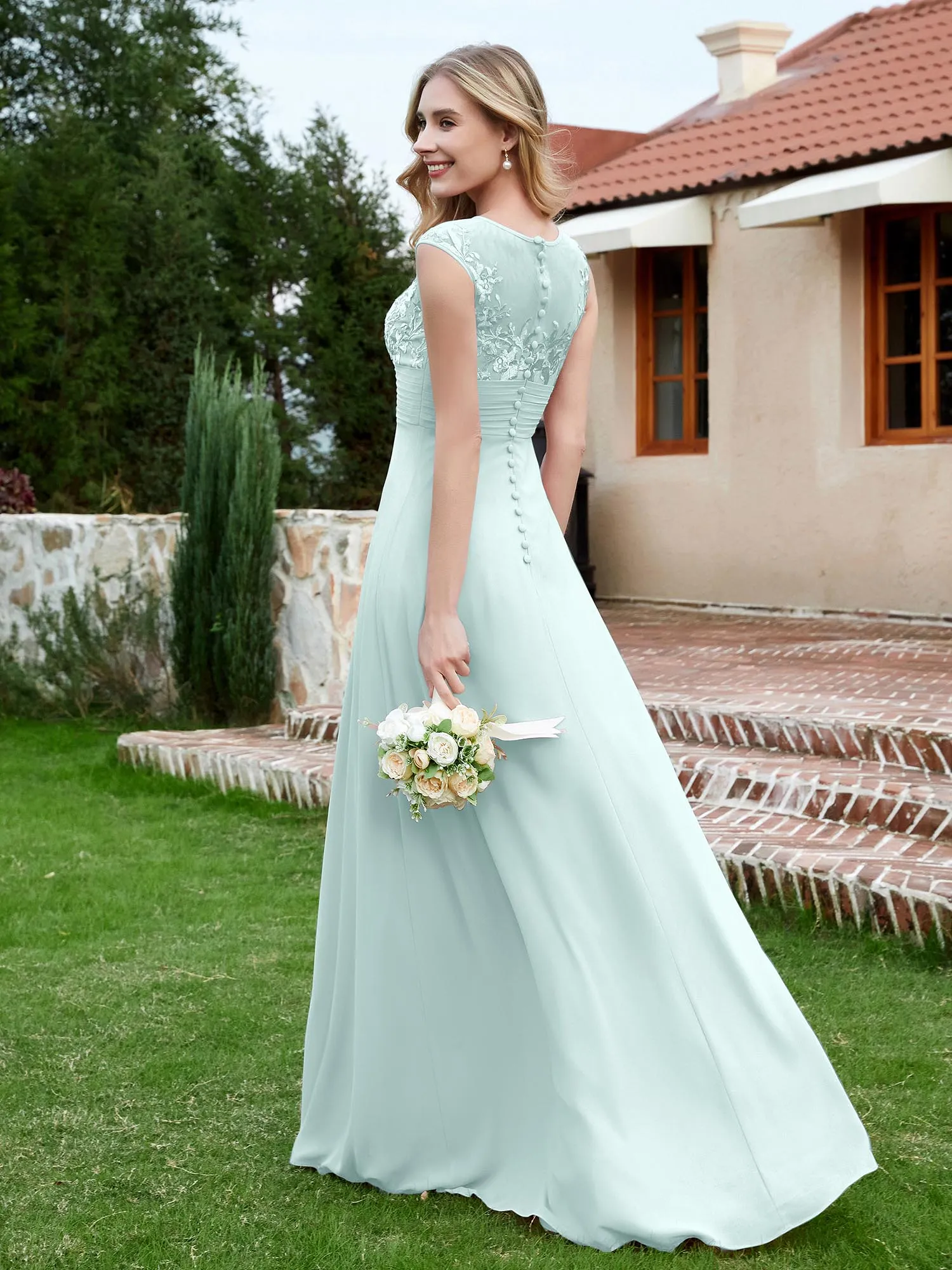 A-Line Chiffon Dress with Illusion Neckline Mist