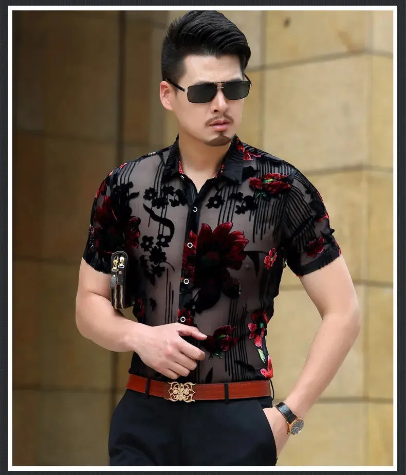 Aidase Men Club Party  New DJ Prom Shirt Short Sleeve Chemise Homme Transparent Flower Velvet Shirt Men See Through Lace Shirt