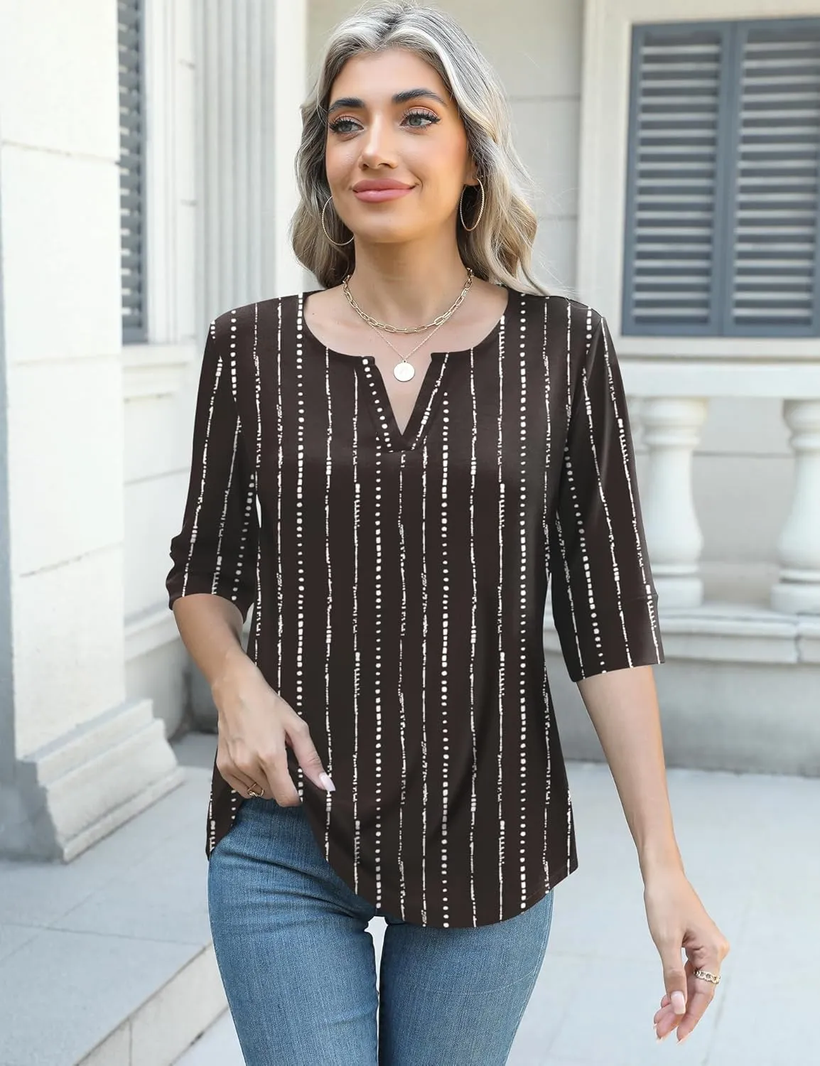 AKEWEI Women's V Neck 3/4 Sleeve T Shirts Summer Top Dressy Casual Basic Tees Shirt Tunic Blouses