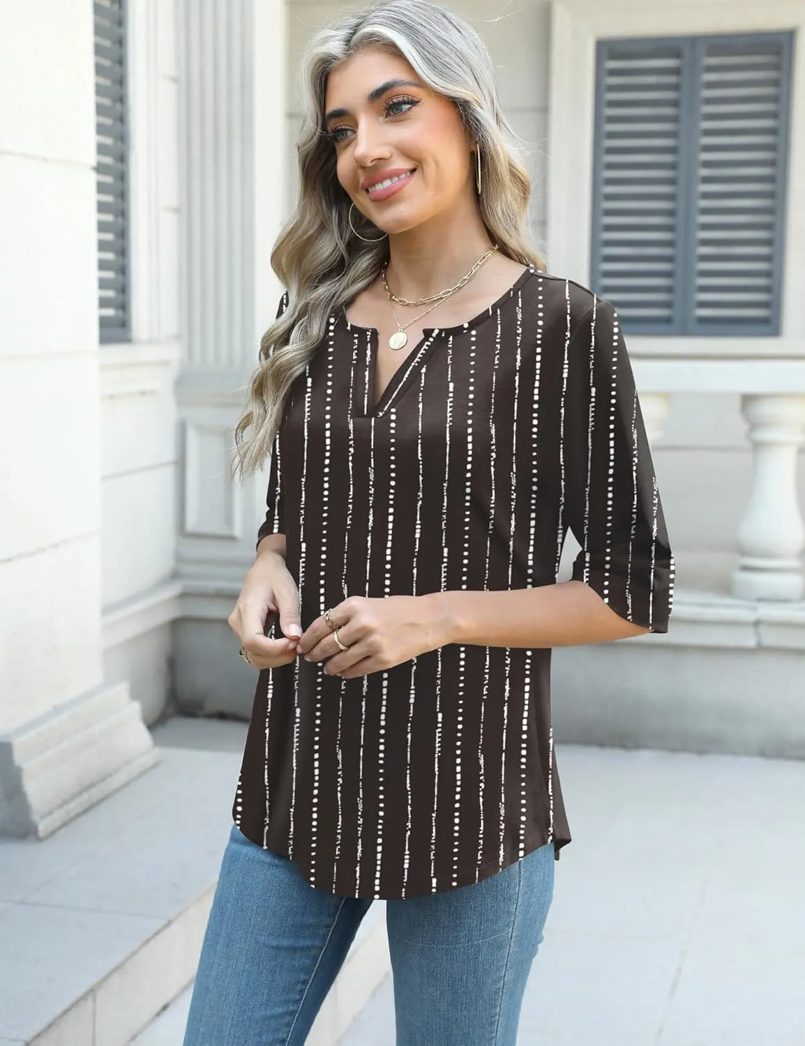 AKEWEI Women's V Neck 3/4 Sleeve T Shirts Summer Top Dressy Casual Basic Tees Shirt Tunic Blouses
