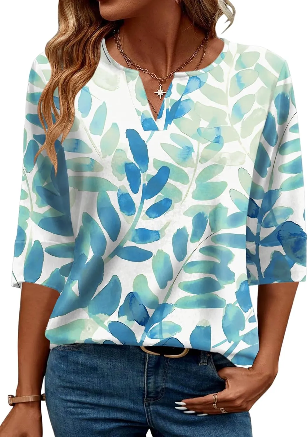 AKEWEI Women's V Neck 3/4 Sleeve T Shirts Summer Top Dressy Casual Basic Tees Shirt Tunic Blouses
