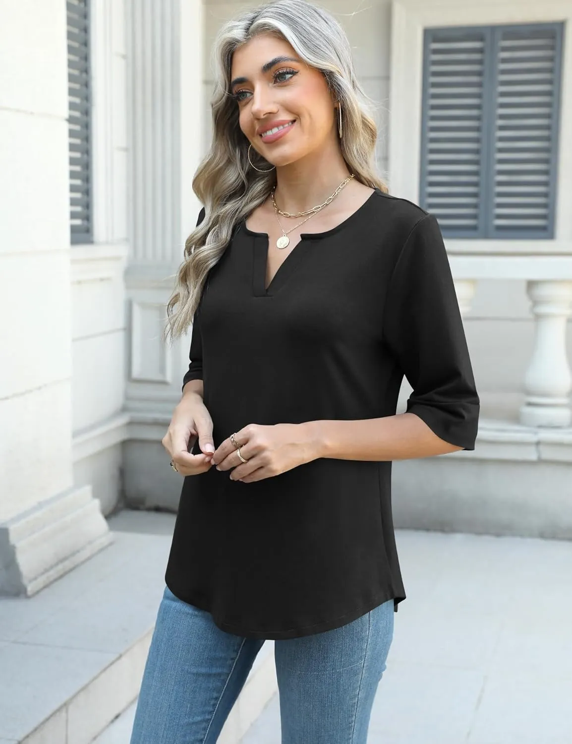 AKEWEI Women's V Neck 3/4 Sleeve T Shirts Summer Top Dressy Casual Basic Tees Shirt Tunic Blouses