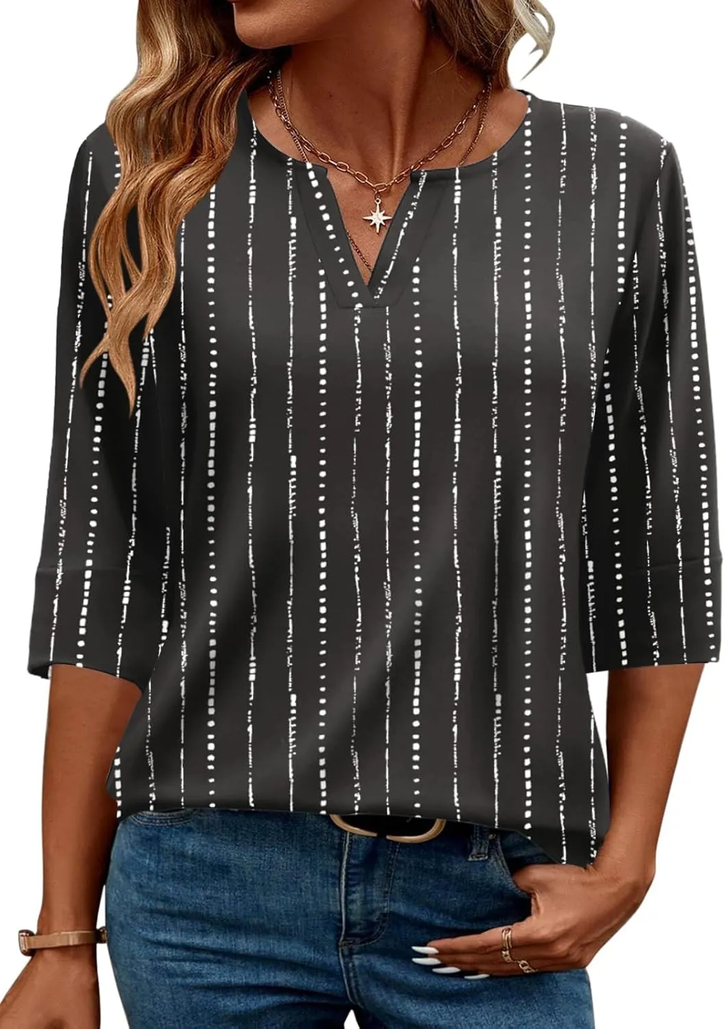 AKEWEI Women's V Neck 3/4 Sleeve T Shirts Summer Top Dressy Casual Basic Tees Shirt Tunic Blouses
