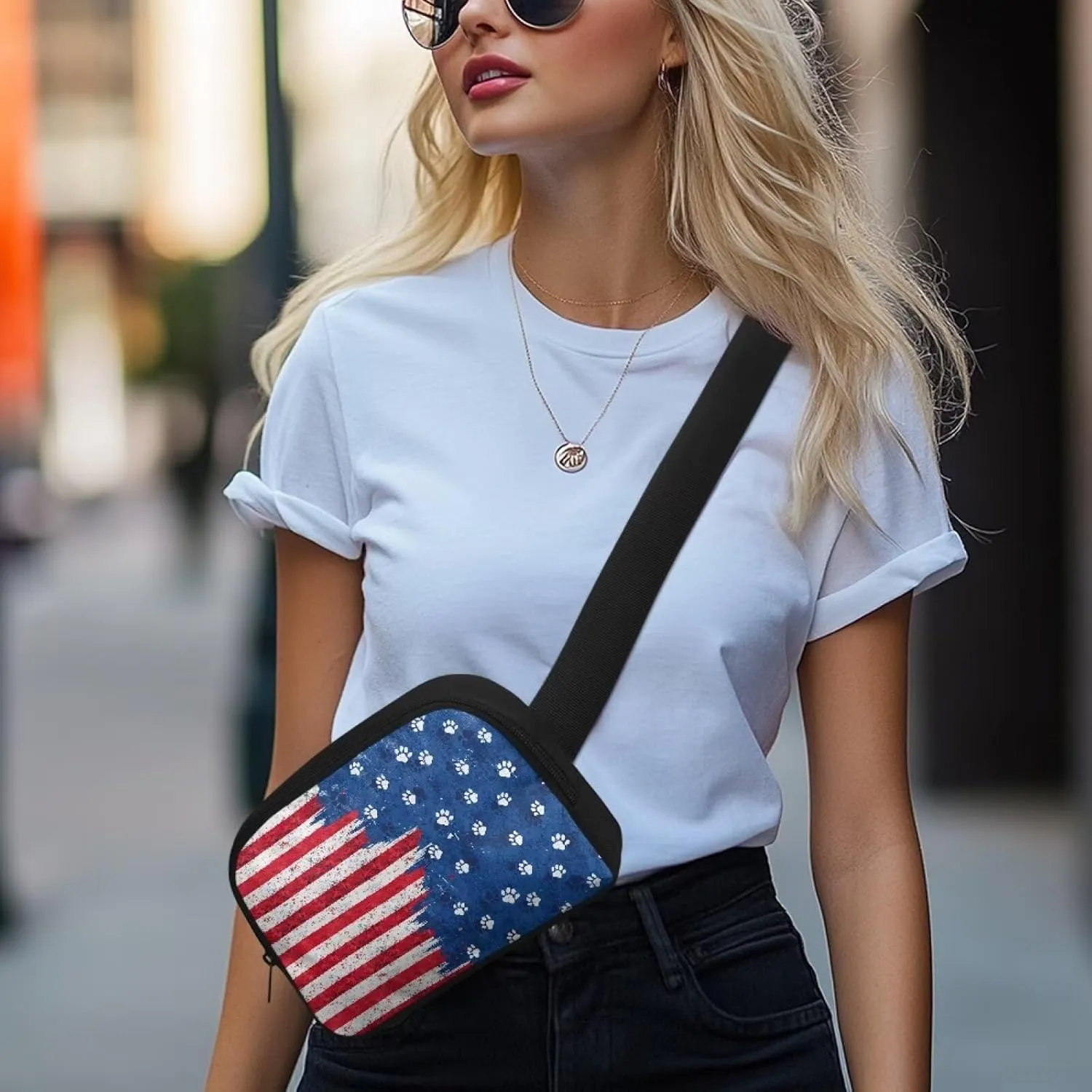American Flag Fanny Pack for Women Blue Waist Fanny Pack Bag Practical Portable Bum Bag with Smooth Zipper for Women Sports Travel Cycling Hiking Running Personalized Waist Bag