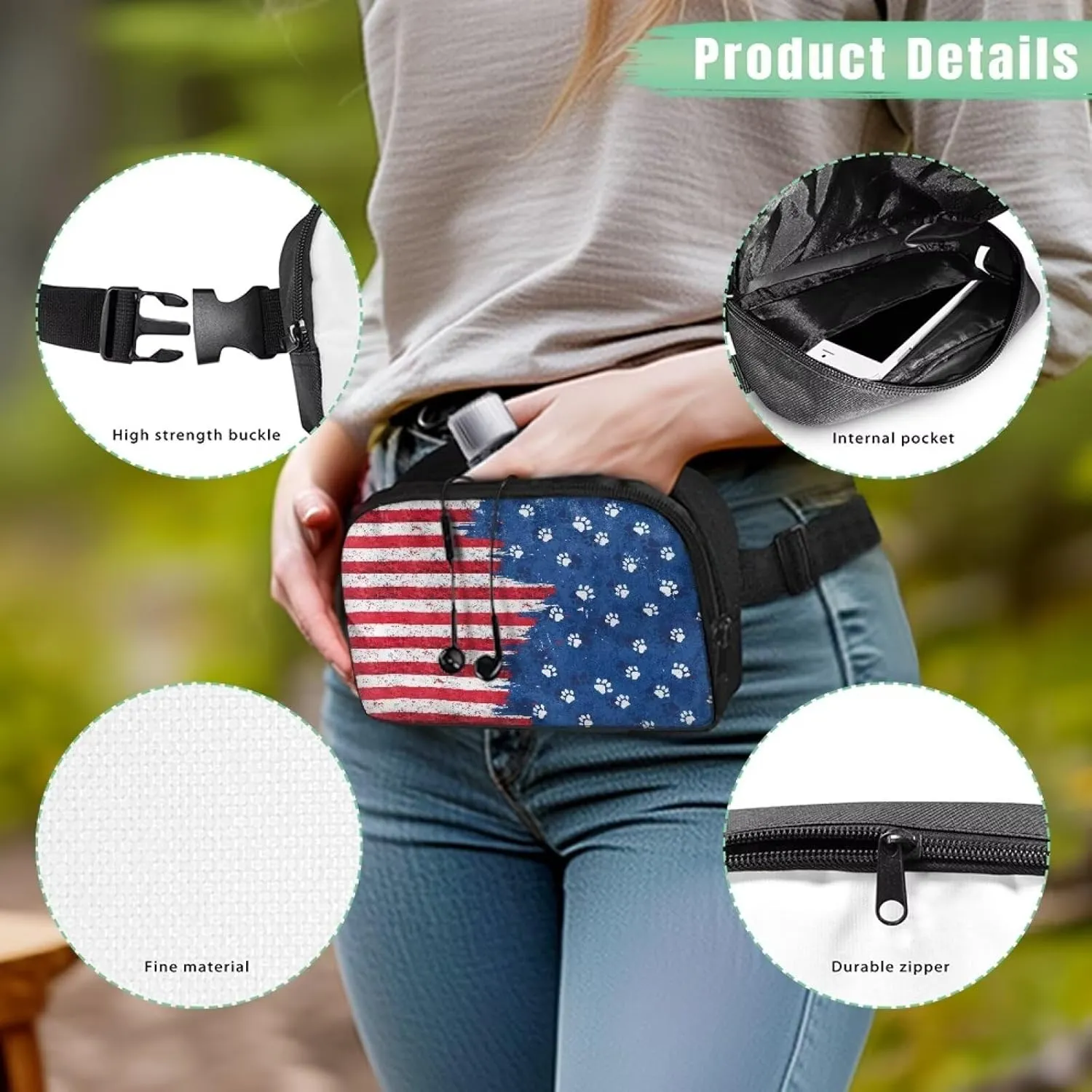 American Flag Fanny Pack for Women Blue Waist Fanny Pack Bag Practical Portable Bum Bag with Smooth Zipper for Women Sports Travel Cycling Hiking Running Personalized Waist Bag