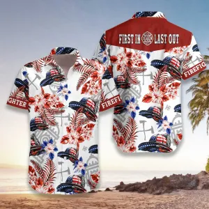 American Flag Firefighter Helmet Seamless Firefighter Hawaiian Shirt, Texas Bluebonnet Firefighter Aloha Shirt For Men, Best Gift For Firefighter Patriot
