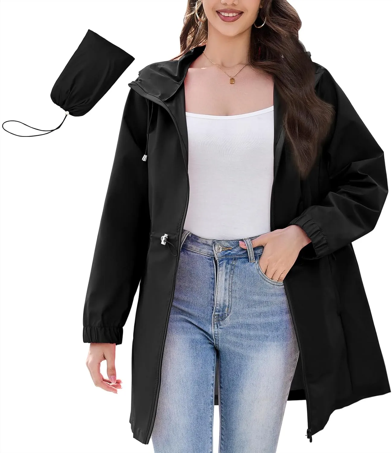 American Trends Rain Jacket Women Waterproof Packable Raincoats for Women Long Rain Coats Windbreaker