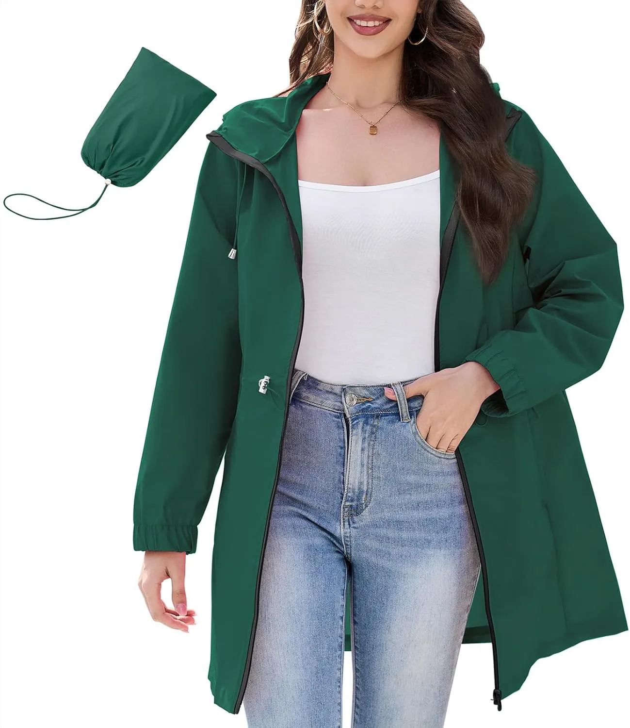American Trends Rain Jacket Women Waterproof Packable Raincoats for Women Long Rain Coats Windbreaker