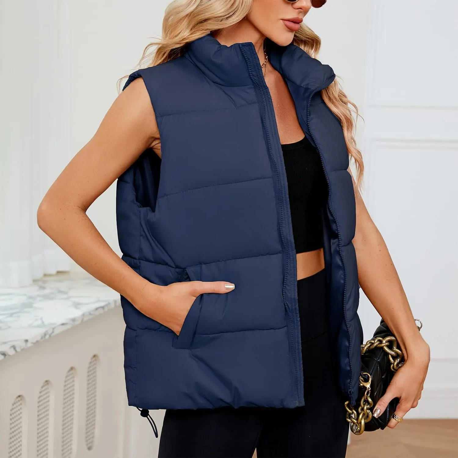 American Trends Womens Puffer Vest Sleeveless Puffy Vests for Women Collar Jacket Zipper Coat with Pockets
