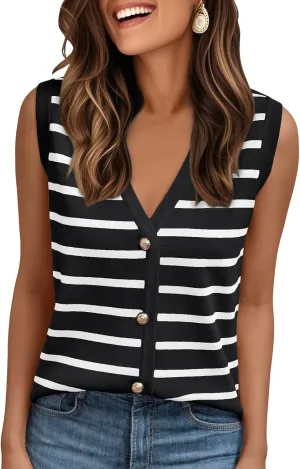 AUTOMET Vest for Women Striped Sweater Vests 2025 Trendy Summer Work Crochet Tops Button Up Business Casual Outfits