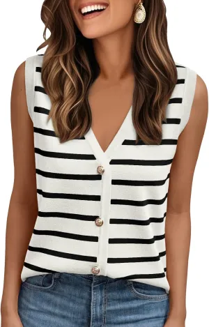 AUTOMET Vest for Women Striped Sweater Vests 2025 Trendy Summer Work Crochet Tops Button Up Business Casual Outfits