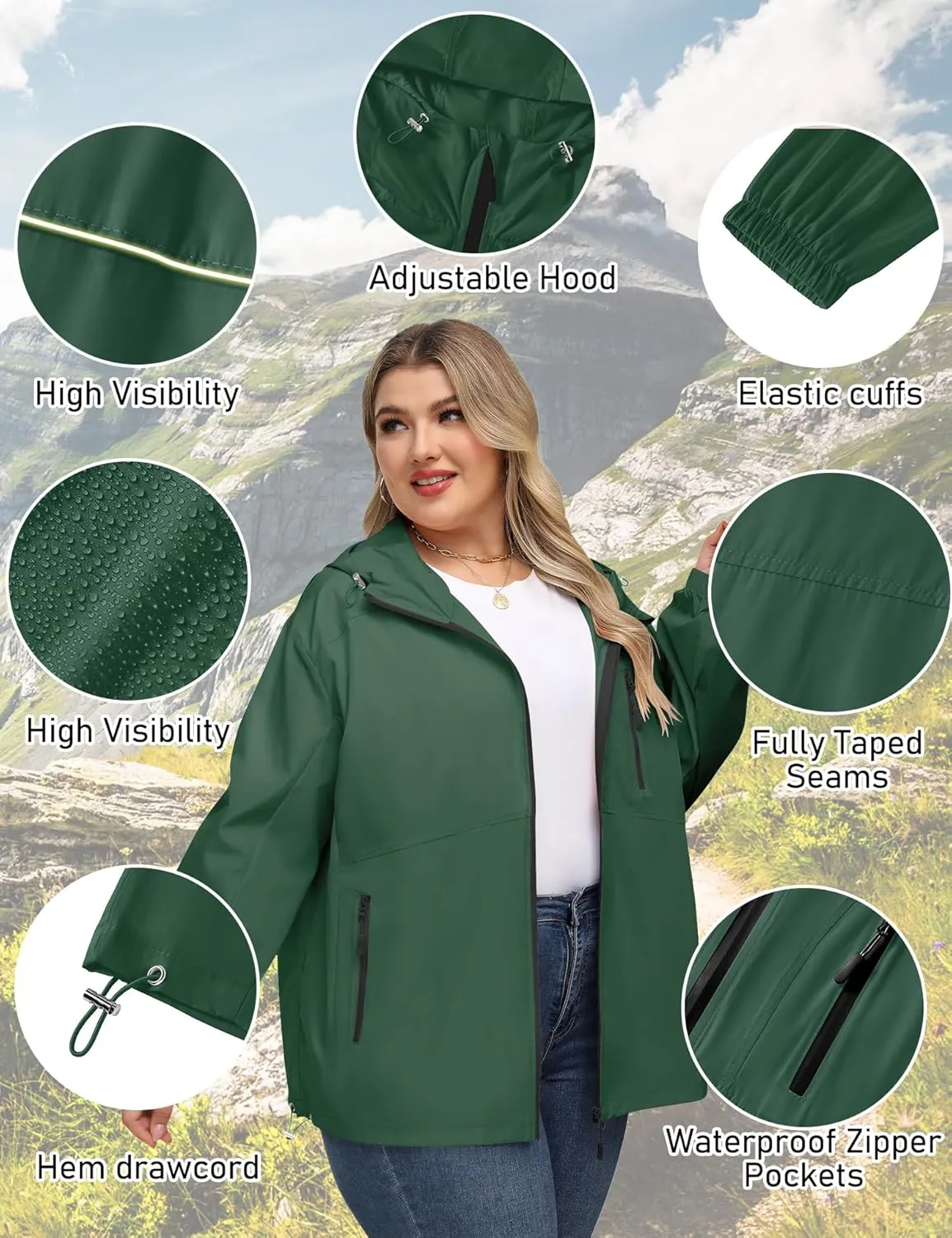 Avoogue Plus Size Womens Rain Jacket with Hood Waterproof Raincoats Lightweight Packable Outdoor Trench Coat XL-5XL