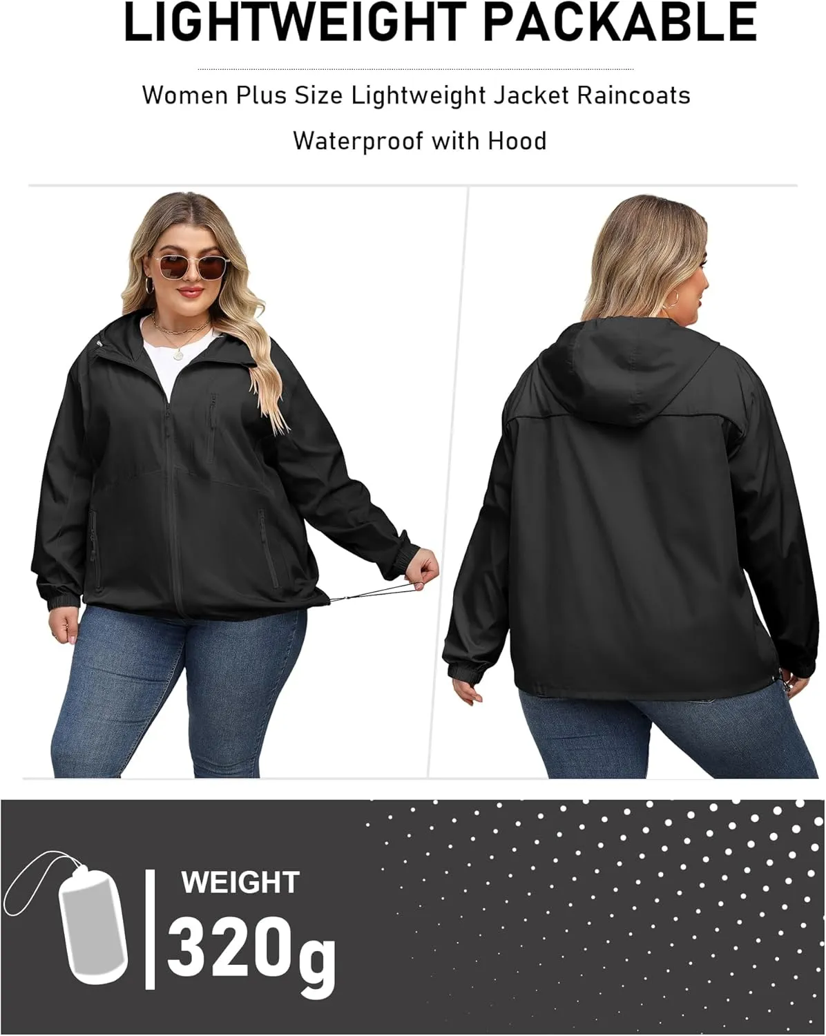 Avoogue Plus Size Womens Rain Jacket with Hood Waterproof Raincoats Lightweight Packable Outdoor Trench Coat XL-5XL