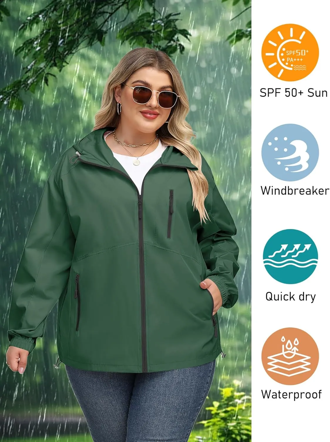 Avoogue Plus Size Womens Rain Jacket with Hood Waterproof Raincoats Lightweight Packable Outdoor Trench Coat XL-5XL