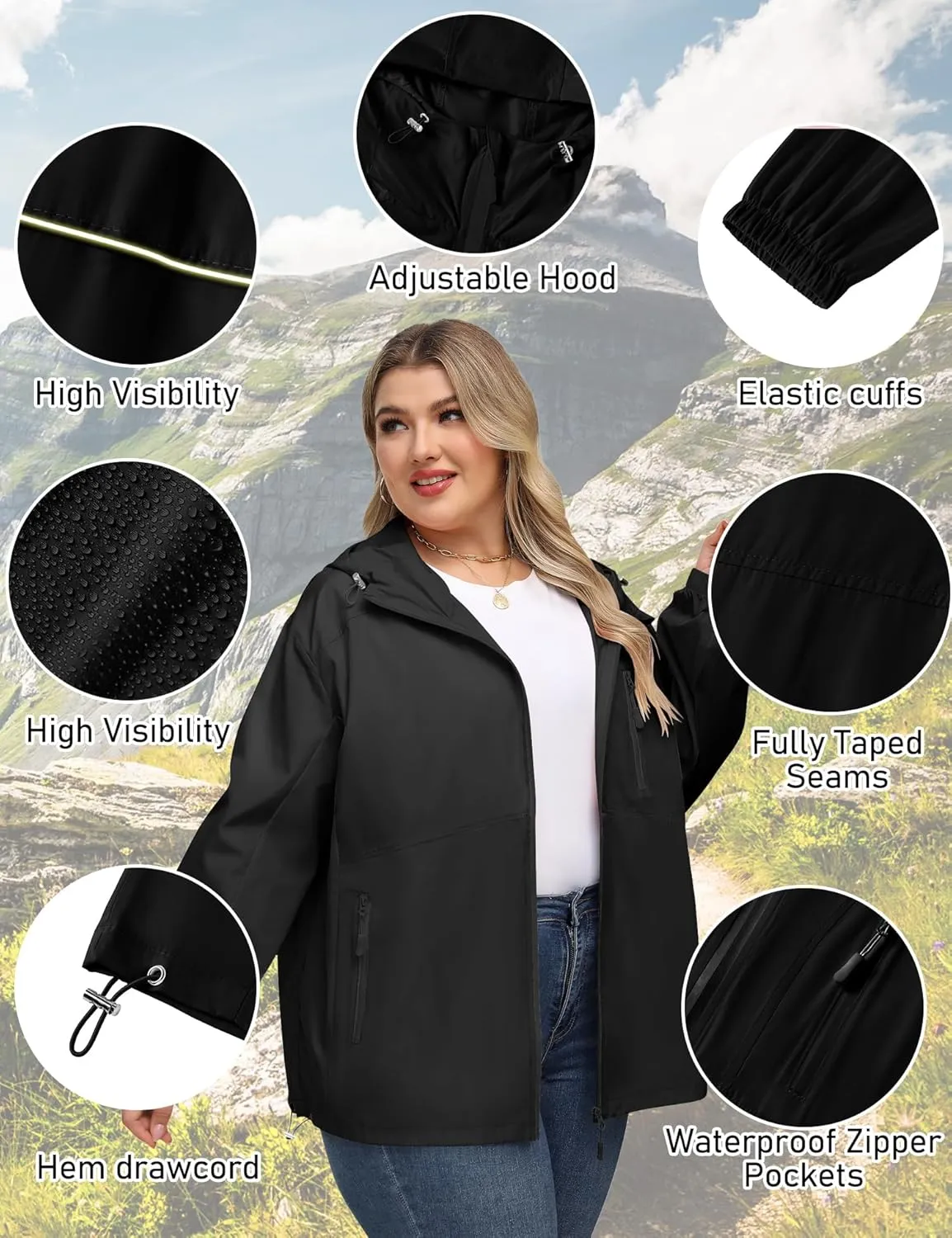 Avoogue Plus Size Womens Rain Jacket with Hood Waterproof Raincoats Lightweight Packable Outdoor Trench Coat XL-5XL