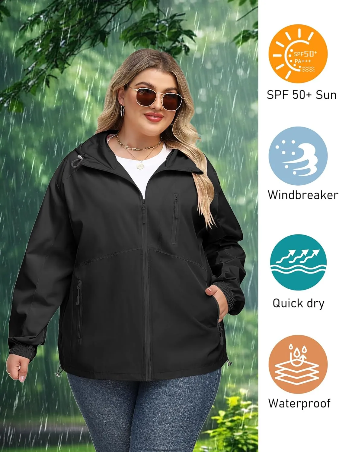 Avoogue Plus Size Womens Rain Jacket with Hood Waterproof Raincoats Lightweight Packable Outdoor Trench Coat XL-5XL