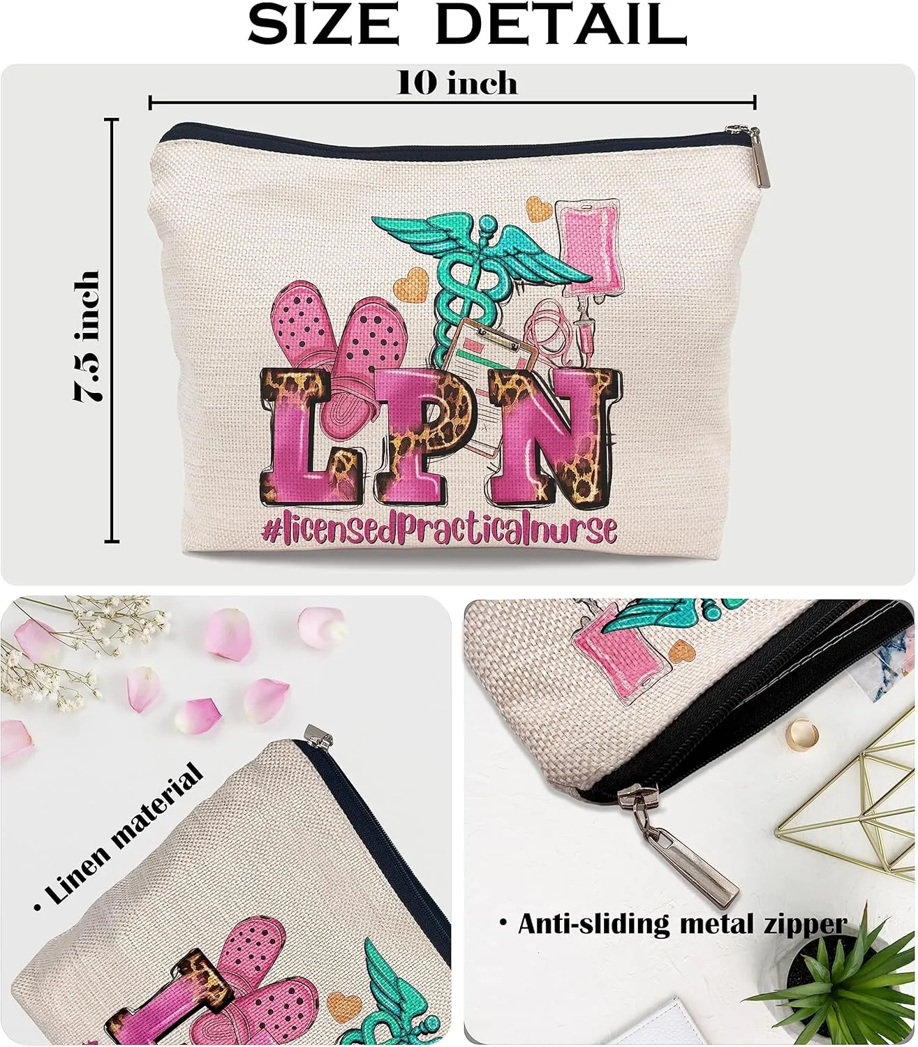 Ayxvt LPN Licensed Practical Nurse Cosmetic Bag,Retro Gorgeous Pink Leopard Clipart Decorative Women's Makeup Bag Zipper Pouch Travel Toiletry,Nurse's Day Nurse Graduation Gifts for Nurse Women Girls