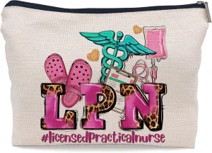 Ayxvt LPN Licensed Practical Nurse Cosmetic Bag,Retro Gorgeous Pink Leopard Clipart Decorative Women's Makeup Bag Zipper Pouch Travel Toiletry,Nurse's Day Nurse Graduation Gifts for Nurse Women Girls
