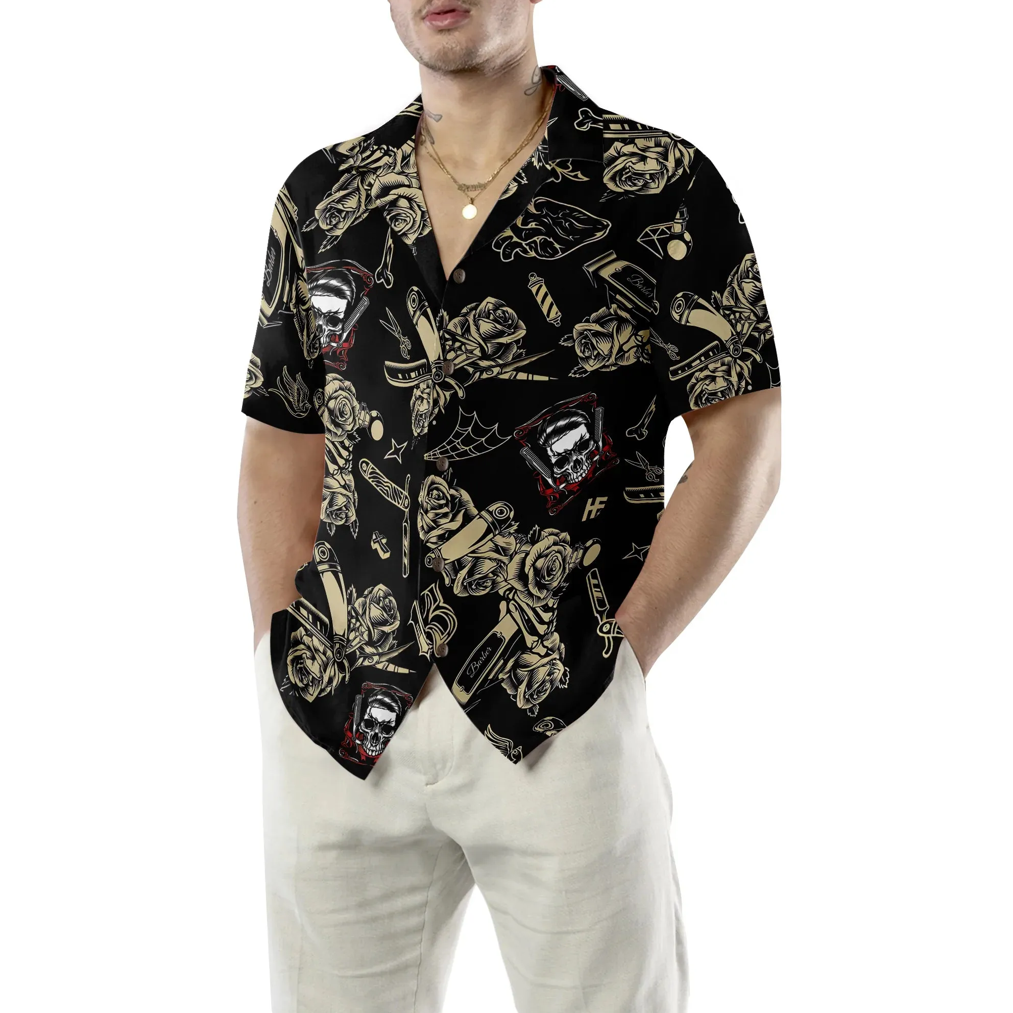Barber Shop Skull Hawaiian Shirt, Rose Aloha Shirt Summer For Men, Best Gift For Barber, Summer, Husband, Boyfriend