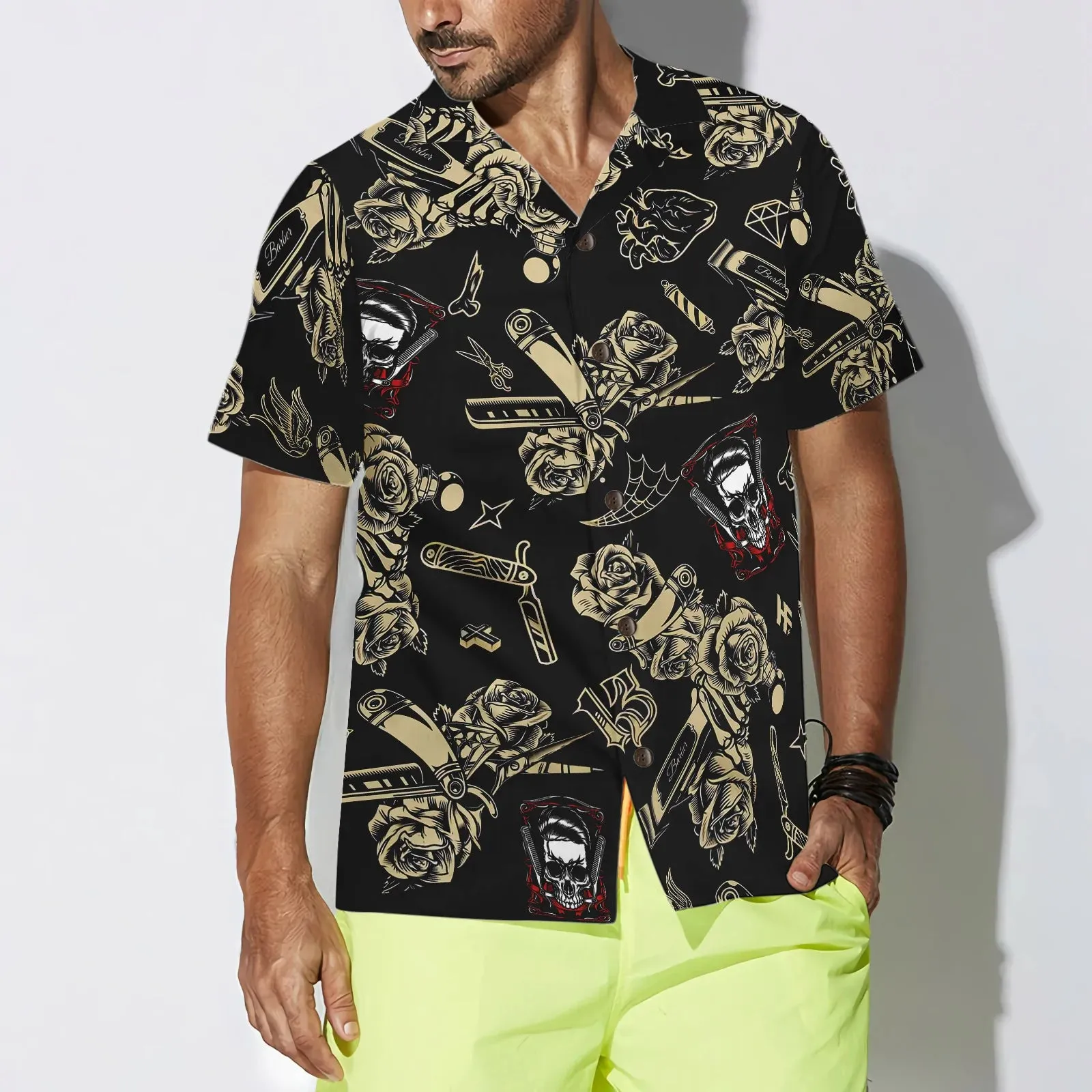 Barber Shop Skull Hawaiian Shirt, Rose Aloha Shirt Summer For Men, Best Gift For Barber, Summer, Husband, Boyfriend