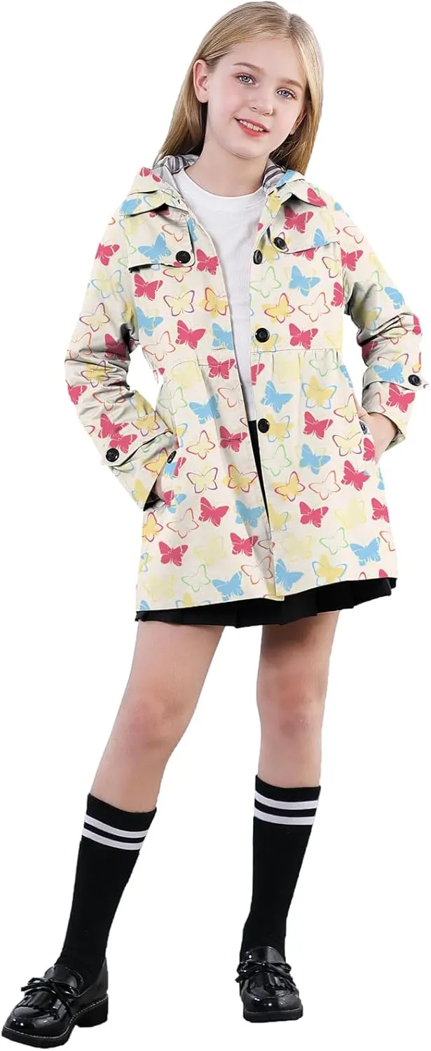 Betusline Girl's Hooded Rain Jackets Lightweight Print Waterproof Trench Coat Windbreaker Raincoats for Girls,2-14 Years