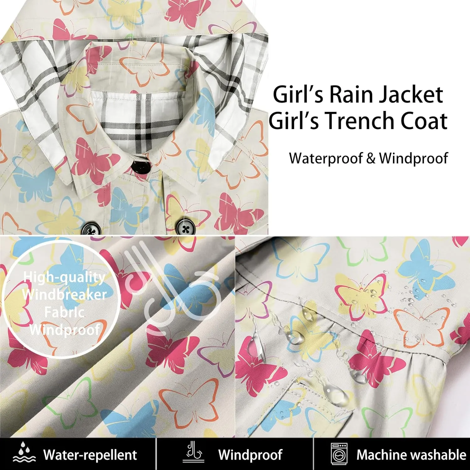 Betusline Girl's Hooded Rain Jackets Lightweight Print Waterproof Trench Coat Windbreaker Raincoats for Girls,2-14 Years