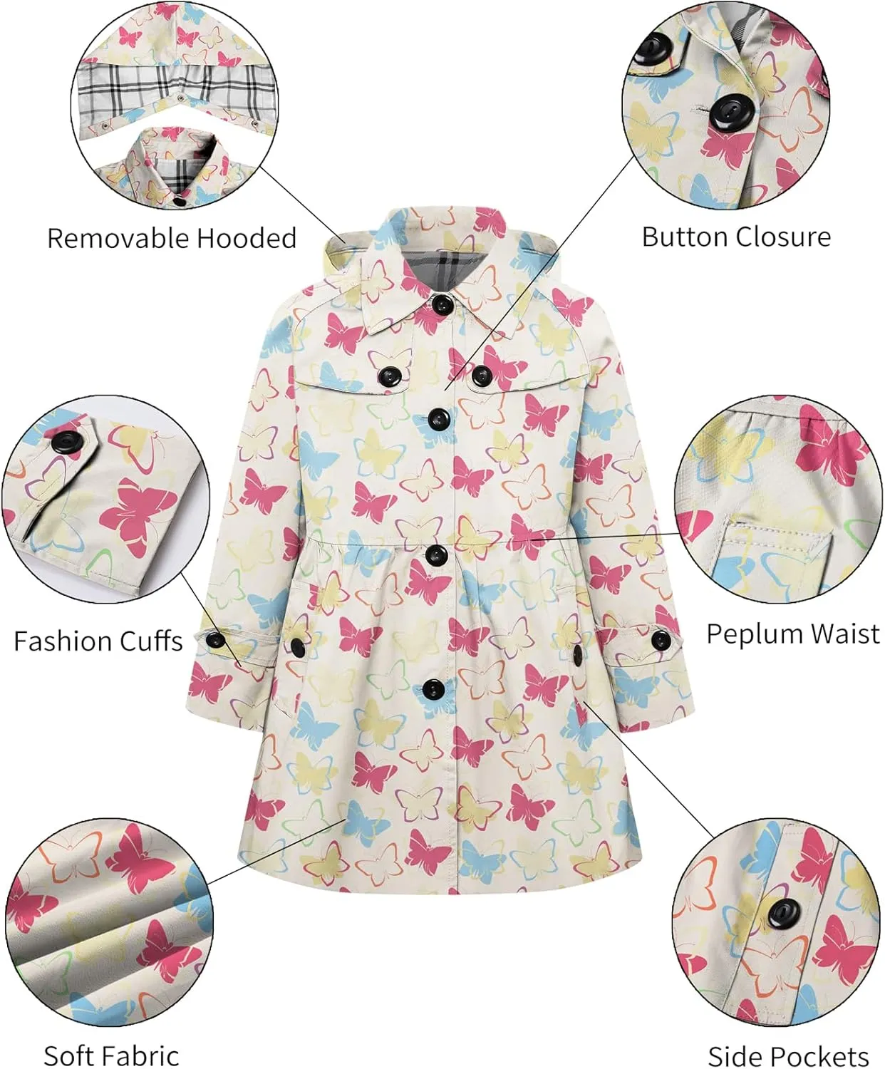 Betusline Girl's Hooded Rain Jackets Lightweight Print Waterproof Trench Coat Windbreaker Raincoats for Girls,2-14 Years