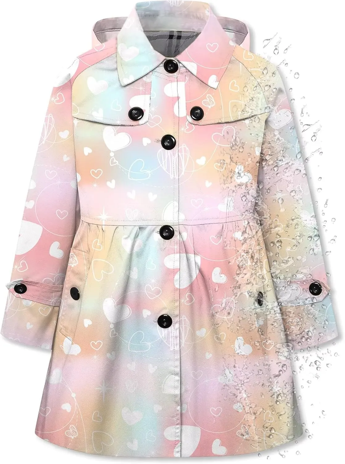 Betusline Girl's Hooded Rain Jackets Lightweight Print Waterproof Trench Coat Windbreaker Raincoats for Girls,2-14 Years
