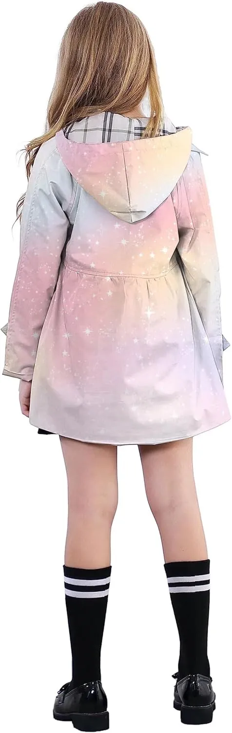 Betusline Girl's Hooded Rain Jackets Lightweight Print Waterproof Trench Coat Windbreaker Raincoats for Girls,2-14 Years