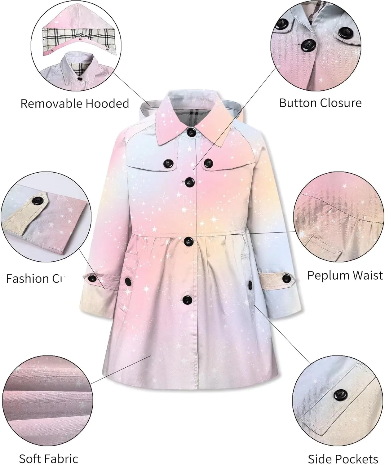 Betusline Girl's Hooded Rain Jackets Lightweight Print Waterproof Trench Coat Windbreaker Raincoats for Girls,2-14 Years