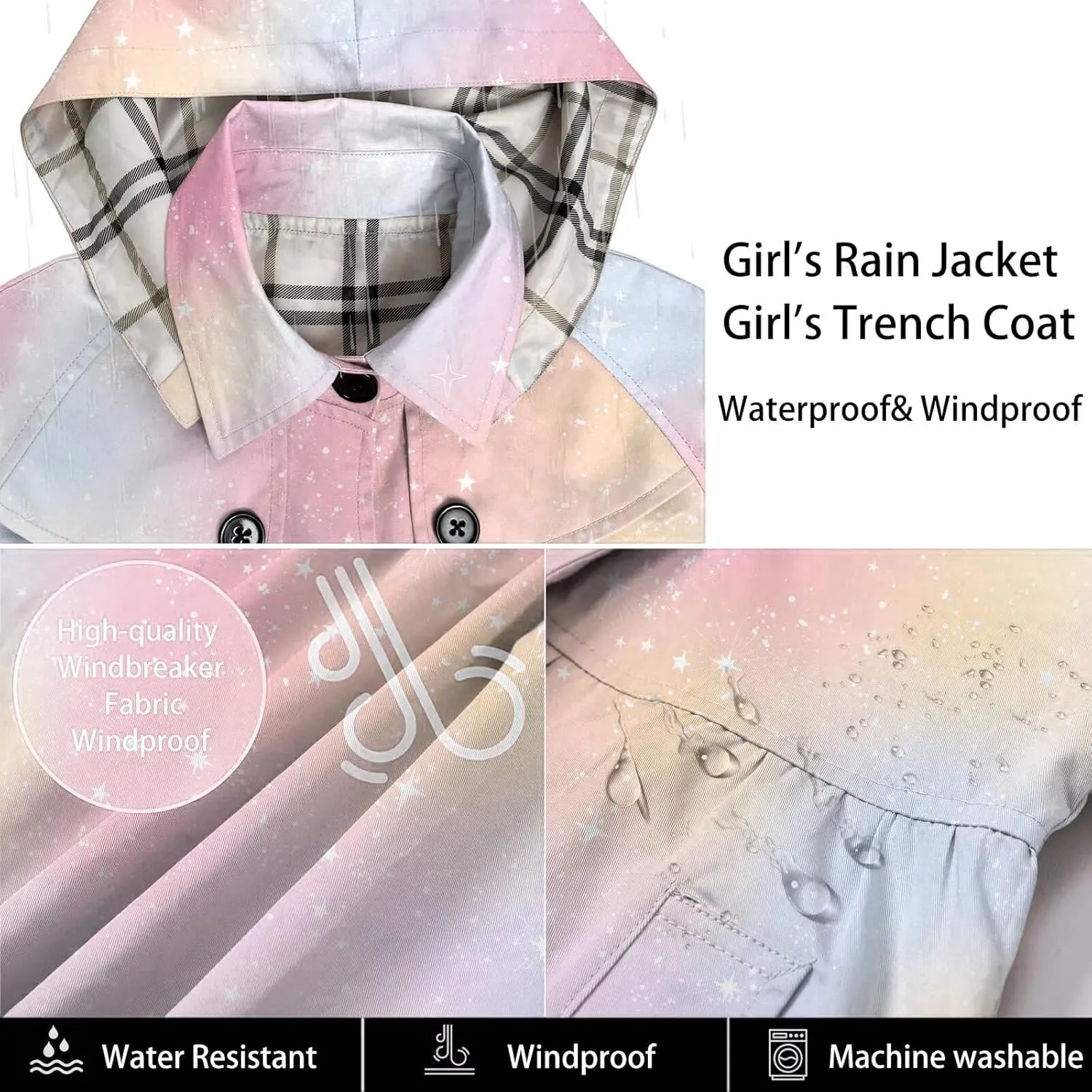 Betusline Girl's Hooded Rain Jackets Lightweight Print Waterproof Trench Coat Windbreaker Raincoats for Girls,2-14 Years