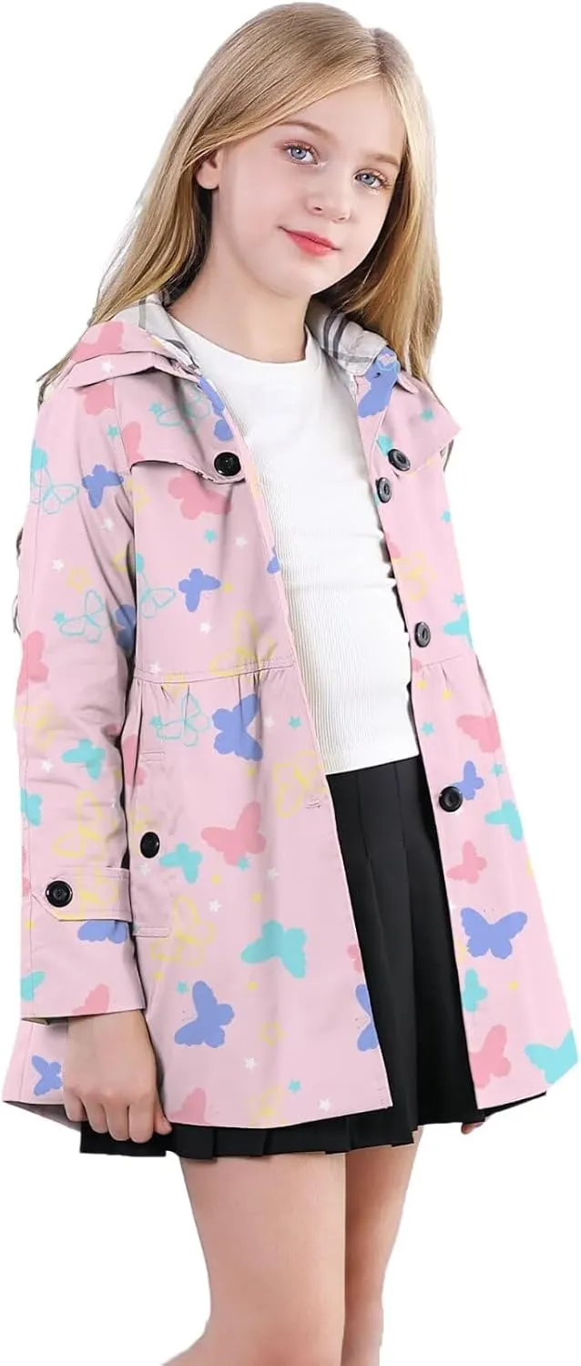 Betusline Girl's Hooded Rain Jackets Lightweight Print Waterproof Trench Coat Windbreaker Raincoats for Girls,2-14 Years
