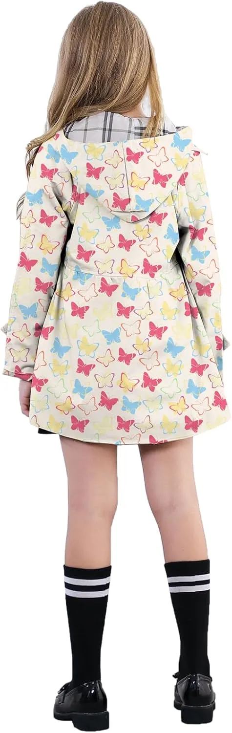 Betusline Girl's Hooded Rain Jackets Lightweight Print Waterproof Trench Coat Windbreaker Raincoats for Girls,2-14 Years