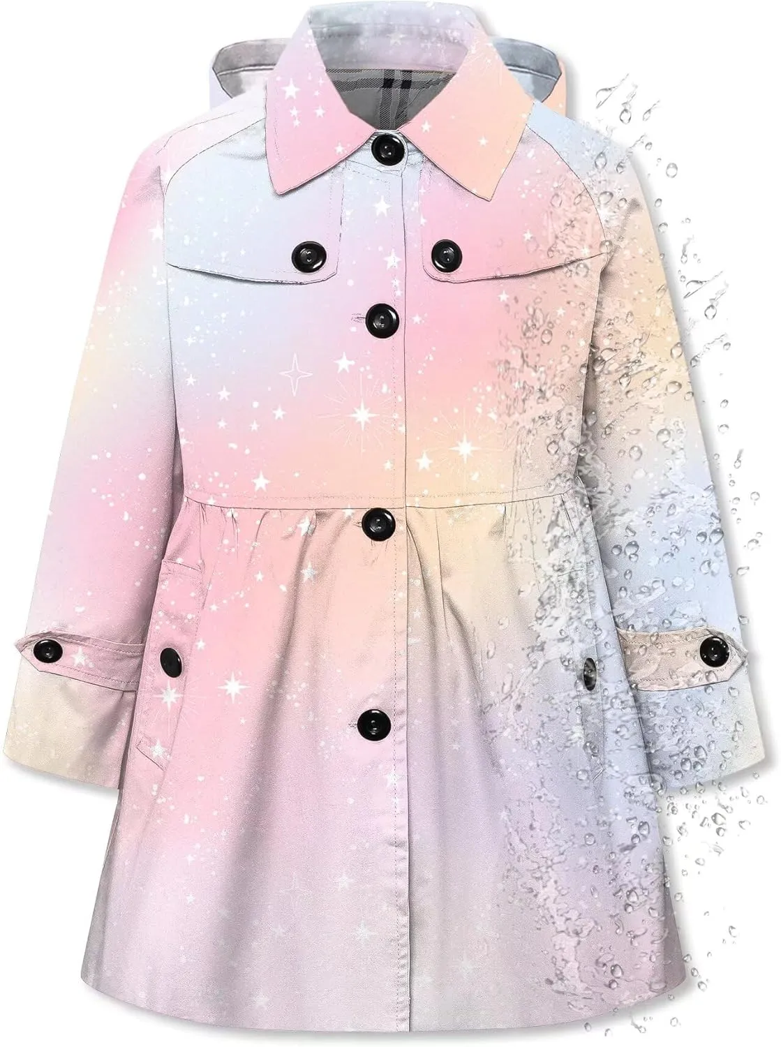 Betusline Girl's Hooded Rain Jackets Lightweight Print Waterproof Trench Coat Windbreaker Raincoats for Girls,2-14 Years