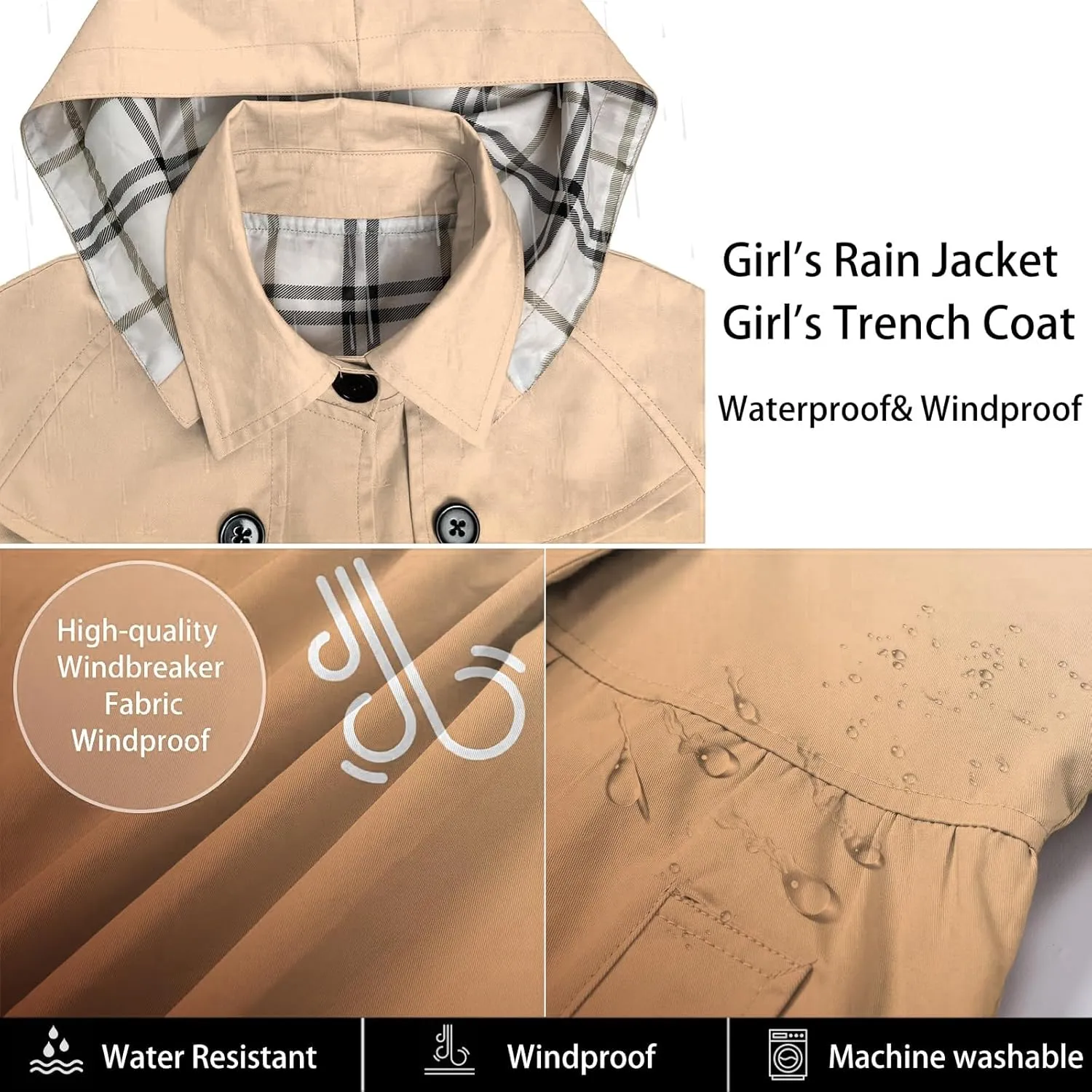 Betusline Girl's Rain Jackets Lightweight Waterproof Hooded Trench Coat Raincoats for Kids,2-14 Years