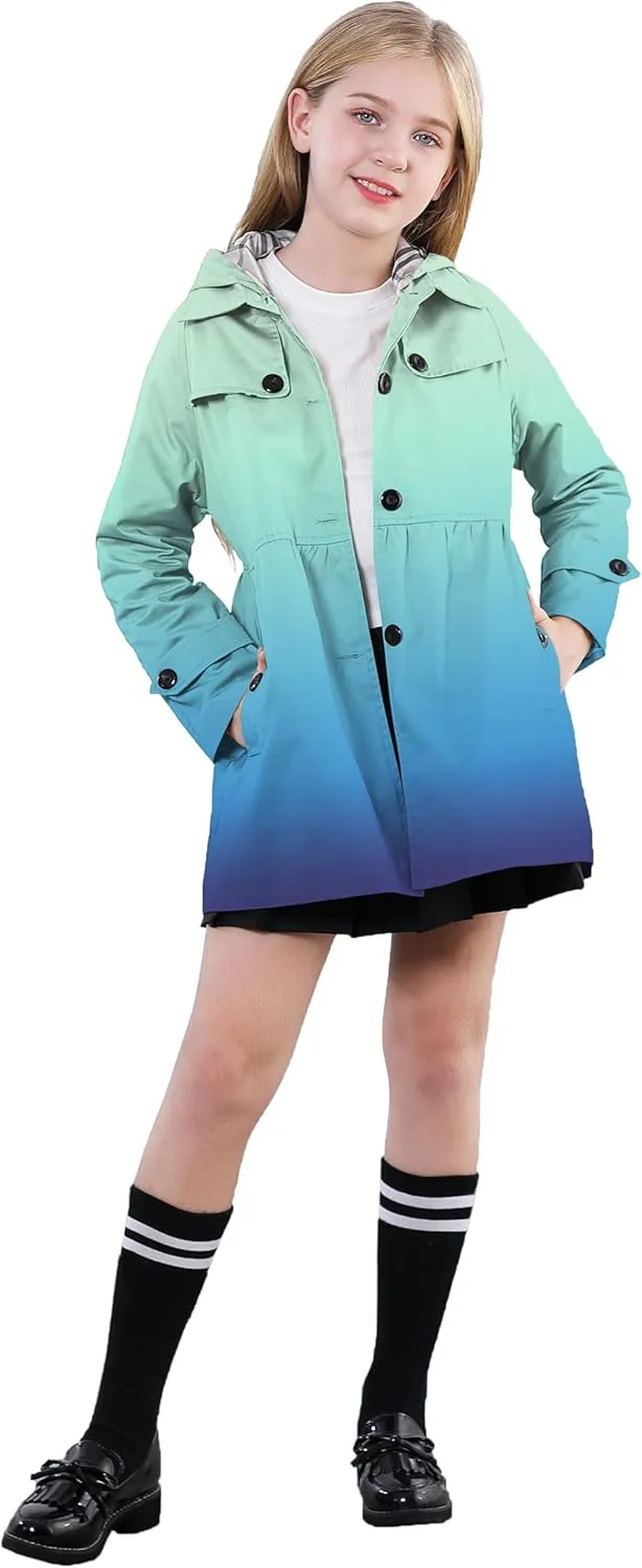 Betusline Girl's Rain Jackets Lightweight Waterproof Hooded Trench Coat Raincoats for Kids,2-14 Years