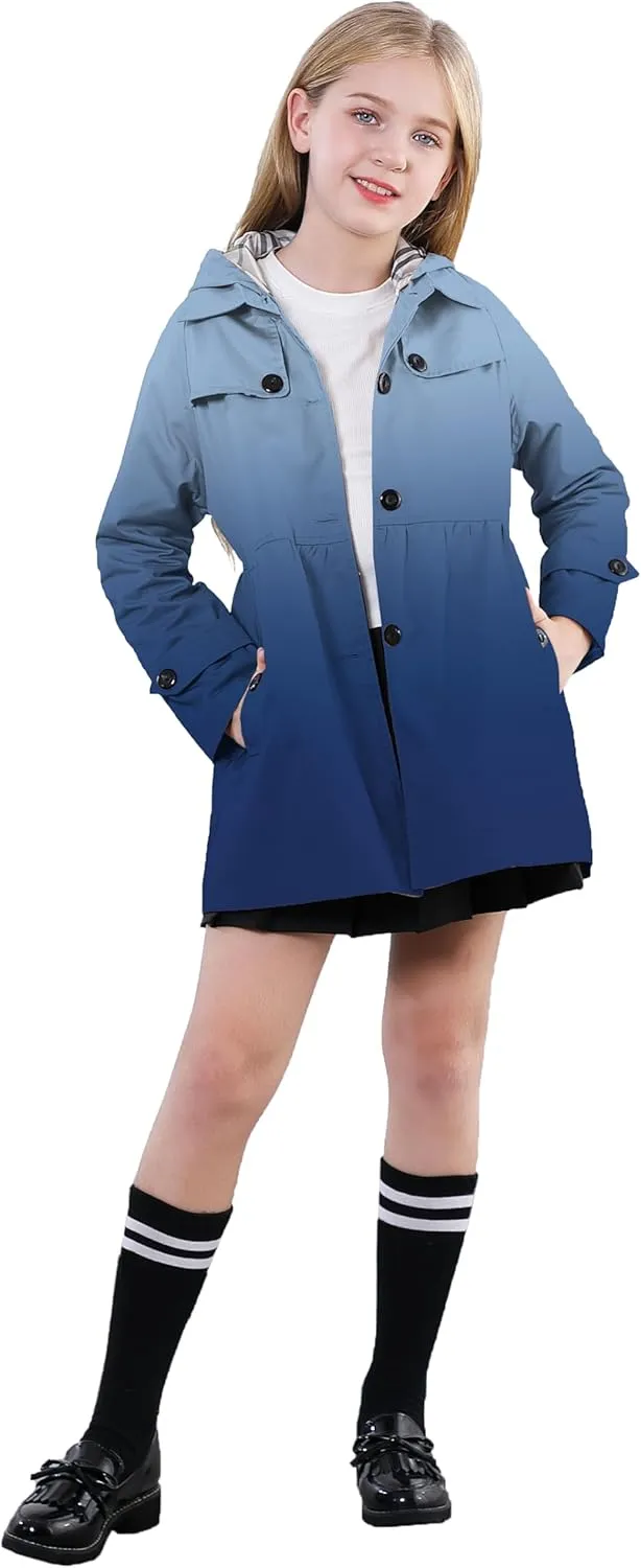 Betusline Girl's Rain Jackets Lightweight Waterproof Hooded Trench Coat Raincoats for Kids,2-14 Years