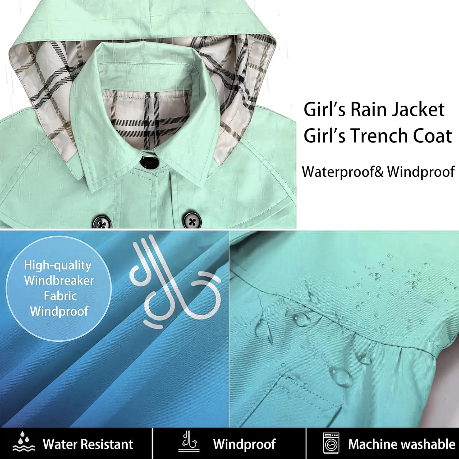 Betusline Girl's Rain Jackets Lightweight Waterproof Hooded Trench Coat Raincoats for Kids,2-14 Years