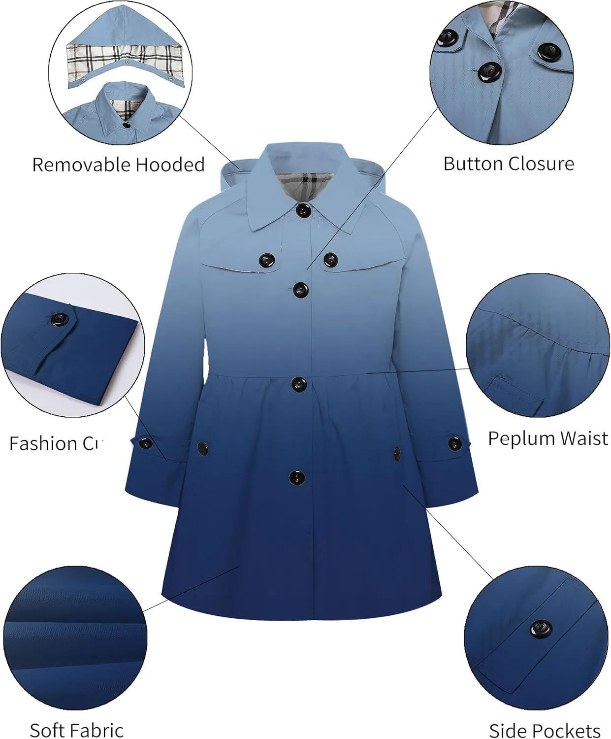 Betusline Girl's Rain Jackets Lightweight Waterproof Hooded Trench Coat Raincoats for Kids,2-14 Years